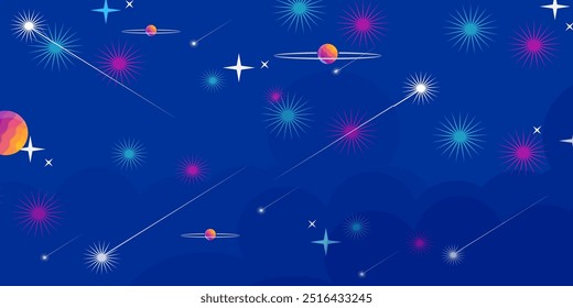 space illustration in flat style, beautiful planets stars and meteors. space background. night sky illustration