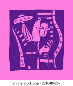 space illustration a girl on board a spaceship and against the backdrop of a UFO purple pink