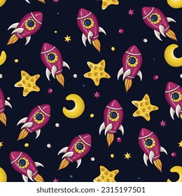 space and illustration. Hand drawn background for kids. Cartoon rocket, planet, star. Funny drawing for posters, banners, prints, clothing. Vector illustration