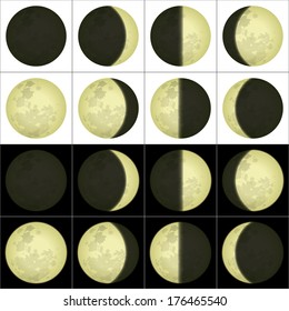 Space illustration of main lunar phases on black and white background. Elements of this image furnished by NASA