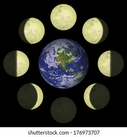 Space illustration of main lunar phases around planet Earth on black background. Elements of this image furnished by NASA (www.visibleearth.nasa.gov). Eps10, contains transparencies. Vector