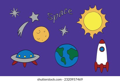 Space illustration. Planet Earth, Moon, Sun, rocket, UFO, stars on a purple field. Drawing in flat, doodle style for children's products