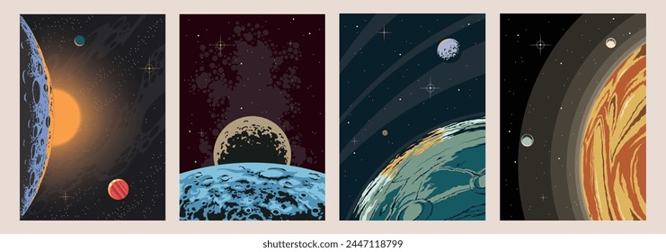 Space Illustration Planetary Orbits, Planets, Moon, Asteroid, Stars, Cosmic Background 