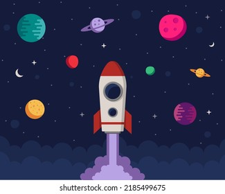 Space illustration with planets and a rocket