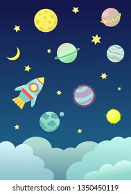 Space illustration with planets, rocket, sun and moon