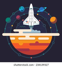 Space illustration. Planets of solar system. Rocket flying to Galaxy. Vector flat illustration