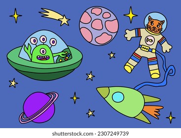 Space illustration with planets, stars, rocket, astronaut and alien, doodle style vector