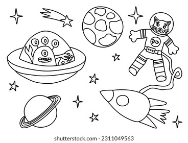 Space illustration with planets, stars, rocket, astronaut and alien doodle outline for coloring book