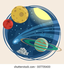 Space illustration in retro colors,  flat design