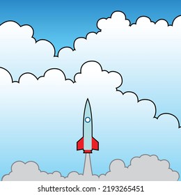 Space Illustration of a Rocket Launching and Flying into the Cloudy Sky
