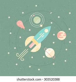 Space illustration with rocket, planets, meteor, orbit. Successful launch or startup concept. Adventure journey illustration.