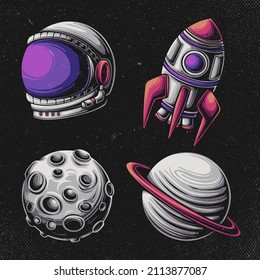 Space illustration set : Astronaut helmet, rocket, moon, and planet
