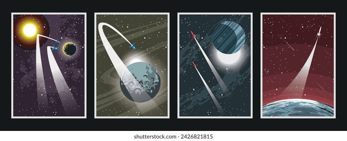 Space Illustration Set. Space Rockets, Planets, Asteroid, Stars, Deep Space Background 