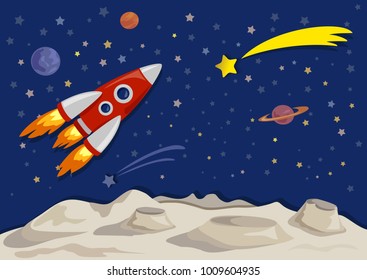 space illustration with space ship and moon. cut style paper. vector illustration