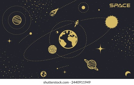 Space illustration showing the earth and celestial objects. Monochrome illustration.