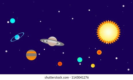 Space illustration: solar system flat design illustration: sun, earth, mars, venus, mercury, jupiter, neptune, uranus planets. 