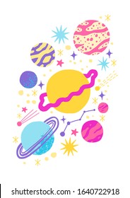 Space illustration vector. Children's wall art, wallpaper, textile, texture design, phone case, prints, posters, postcards, wrapping paper, packaging design, texture design, clothing prints,bed linen.