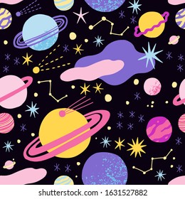 Space illustration vector. Seamless pattern space. Children's wallpaper, textile, texture design, phone case, prints, posters, postcards, wrapping paper, packaging design, texture design, postcards.