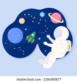 Ilustración espacial para sitio web, folleto, banner. Espacio, planetas, constelaciones y astronautas. Ilustración del vector