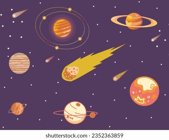 Space illustrationa of cosmic planets, cosmic adventures, galaxy vector, planets and stars, kids space background, vector cosmos wallpaper.