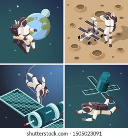 Space illustrations. Astronauts outdoor planet surface space orbit floating spaceship discovery universe vector isometric backgrounds