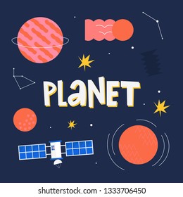 Space illustrations hand drawn vector set: Rocket, planets, UFO, satellite, stars, etc