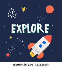 Space illustrations hand drawn vector set: Rocket, planets, UFO, satellite, stars, etc