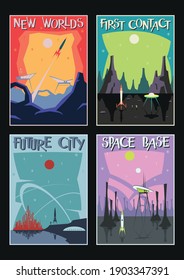 Space Illustrations Mid Century Modern Retro Futurism Posters Style