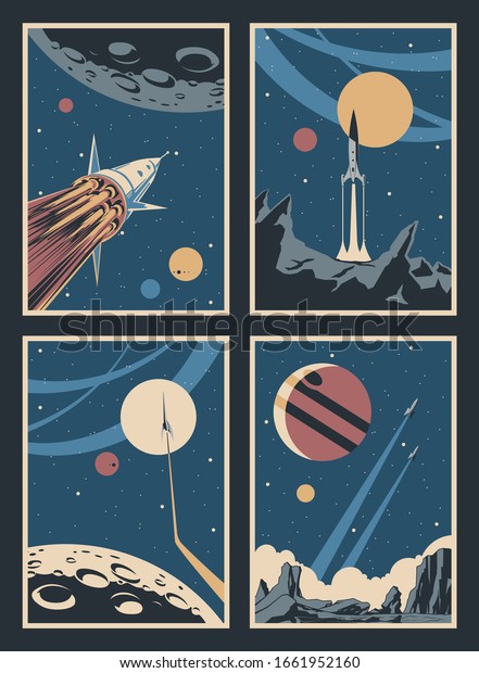 Space Illustrations, Retro Future Posters Style,\
Planets, Stars, Space\
Rockets
