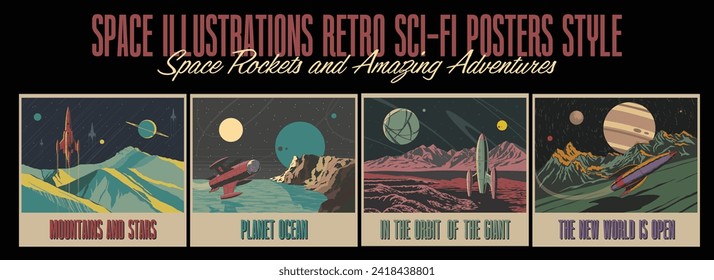 Ilustraciones espaciales Estilo de pósters de ciencia ficción retro, cohetes espaciales, paisajes planetarios