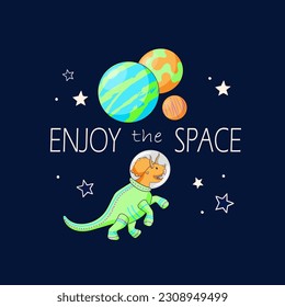 Space image with dinosaurs astronauts, stars and planets on a dark blue background. Cartoon vector illustration for print, book cover, fabric.