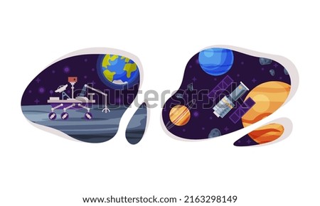 Space industry exploration. Space rover on moon surface and artificial satellite cartoon vector illustration