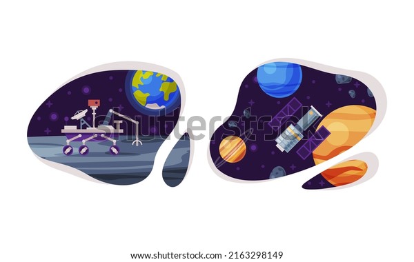 Space industry\
exploration. Space rover on moon surface and artificial satellite\
cartoon vector\
illustration