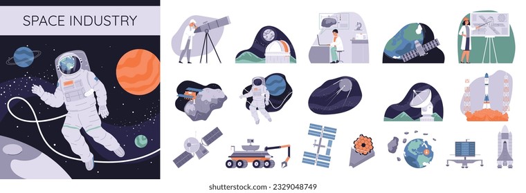 Space industry flat composition set of spaceships astronauts satellite scientists looking through telescope isolated vector illustration