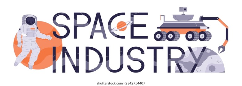 Space industry flat horizontal text banner with astronaut and mars rover vector illustration