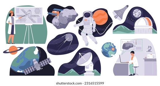 Space industry set of satellites and scientists flat isolated vector illustration