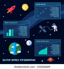 Space infographic set with astronomy galaxy observation symbols and charts vector illustration