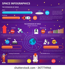 Space infographic set with cosmos exploration elements and charts vector illustration