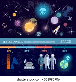 Space infographics. Study universe astronauts on new planets cosmos research symbols and charts, space solar system vector illustration 