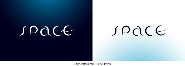Space inscription with orbit and rocket. Symbol exploration of universe and planets. Science fiction text logo. Exploring cosmos and galaxy design. Vector eps sign