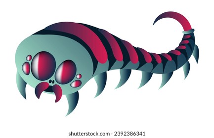 A space insect in the form of a millipede with sharp legs. A mechanical insect in blue and pink colors is isolated on a white background. Vector gradient illustration of an alien insect