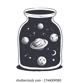 Space inside jar.Many cosmic objects and planets in the bank.Hand drawn style.Vector illustration