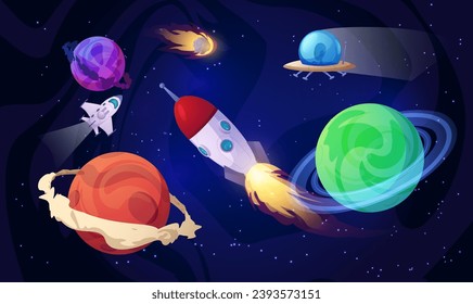 Space intergalactic adventure game set with planets and spacecraft in outer space, 3d cartoon vector illustration isolated. Space items for mobile game or web design.