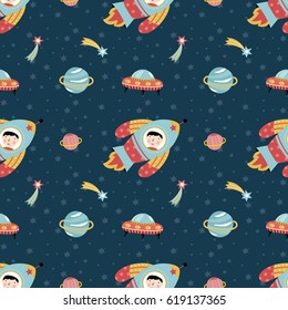 Space interstellar travels cartoon seamless pattern. Spaceship with astronaut, stars, comets, saturn planet, flying saucers vector on blue background. For wrapper, greeting cards, holiday invitations