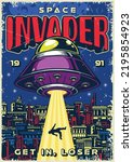 Space invader colorful flyer vintage fantastic aliens on flying saucer abduct person with laser shining from UFO vector illustration