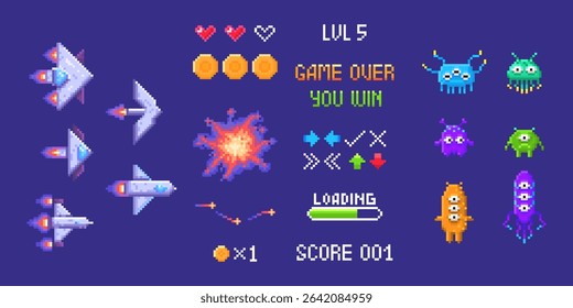 Space invader pixel game elements - retro arcade assets with spaceships, alien creatures, health hearts, coins and UI text. Classic 8 bit graphics of explosion effects, loading bar and score display.