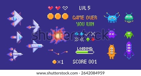 Space invader pixel game elements - retro arcade assets with spaceships, alien creatures, health hearts, coins and UI text. Classic 8 bit graphics of explosion effects, loading bar and score display.