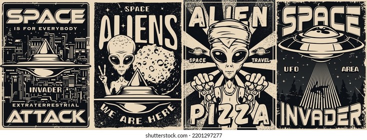 Space invader set vintage monochrome posters with flying saucers UFO fly over cities and alien with pizza vector illustration