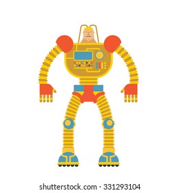 Space invader soldier Cyborg Android from future. Iron robot with human head. Machine of futurity.