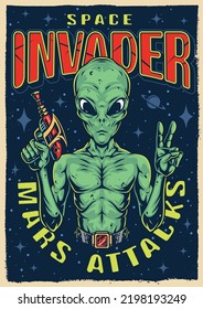 Space Invader Vintage Flyer Colorful Sci-fi Green Martian Threatens With Gun During Invasion Of Planet With Dangerous Aliens Vector Illustration